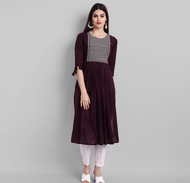 Maroon Embroidery Work Rayon Cotton Kurti