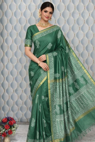 Green Organic Pure Handloom Beautifully Crafted Katan silk Saree From Bhagalpur