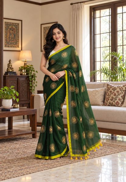 Dark Green Pure Handloom Mulmul Cotton Saree From Bengal