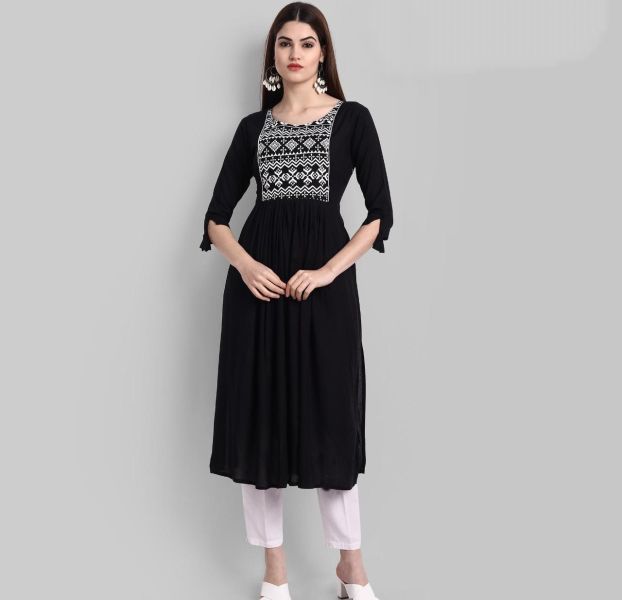 Black Embroidery Work Rayon Cotton Kurti