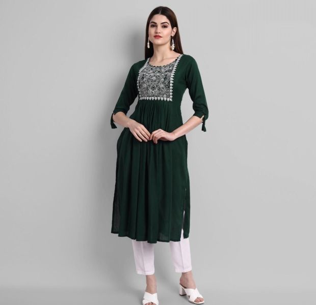 Green Embroidery Work Rayon Cotton Kurti