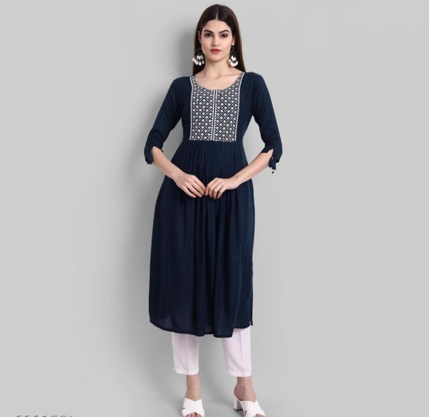 Blue Embroidery Work Rayon Cotton Kurti