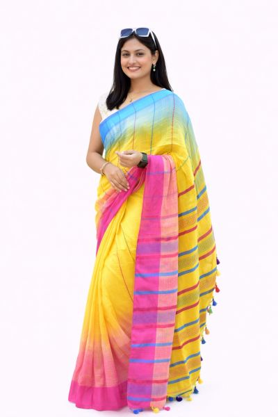 Pink Yellow Blue Ikkat Women's Hand Weaving Saree From Bengal