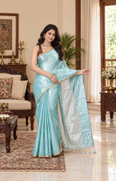 Light Sky Blue Pure Handloom Tissue Saree From Bengal