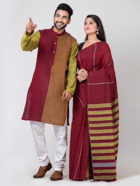Maroon Mustard Pure Handloom Couple Set From Bengal