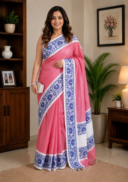 Pink Pure Handloom Dhakai Jamdani Saree From Bengal