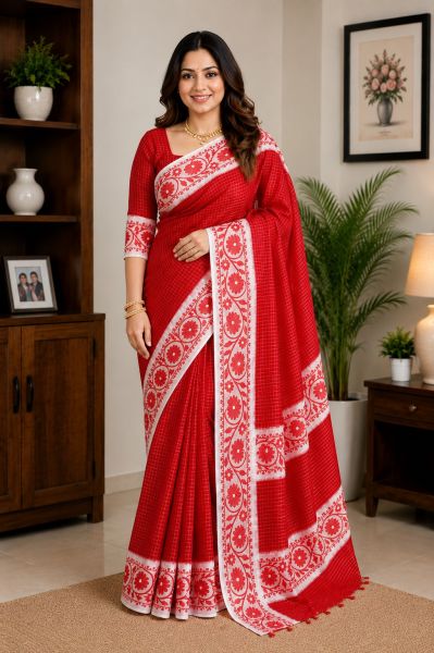 Bright Red Pure Handloom Dhakai Jamdani Saree From Bengal