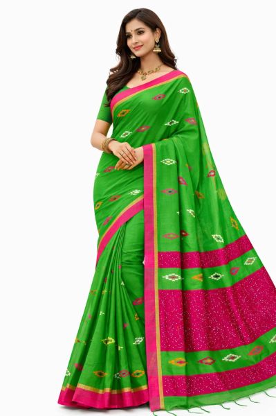 Green Pink Pure Handloom Silk Cotton Saree From Bengal