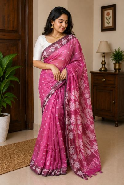 Wine Pure Handloom Tissue Cotton Saree From Bengal