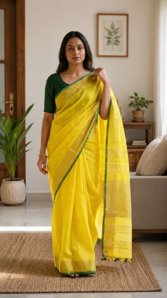 Yellow Linen Pure Handloom Saree From Bhagalpur