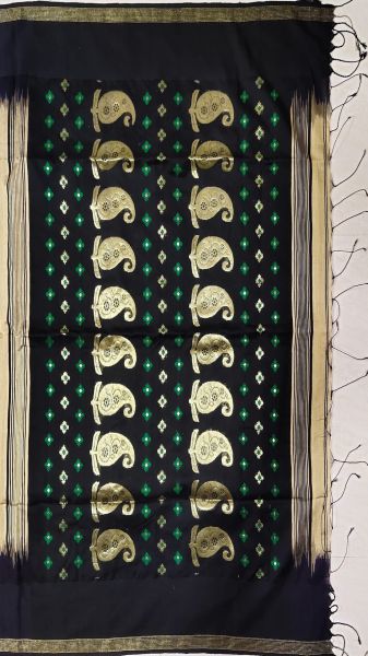Black & Muga Paisley Butta Ikkat Handloom Baha Jamdani Saree