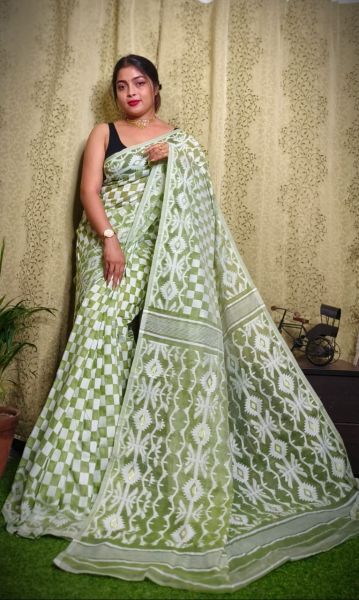 Mehandi Green Pure Handloom Dhakai Jamdani Cotton Saree From Bengal