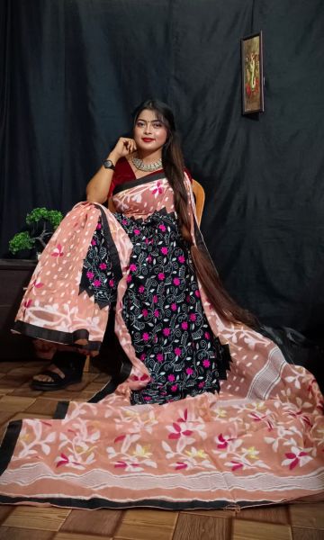 Black Light Peach Flower Design Pure Handloom Dhakai Jamdani Saree