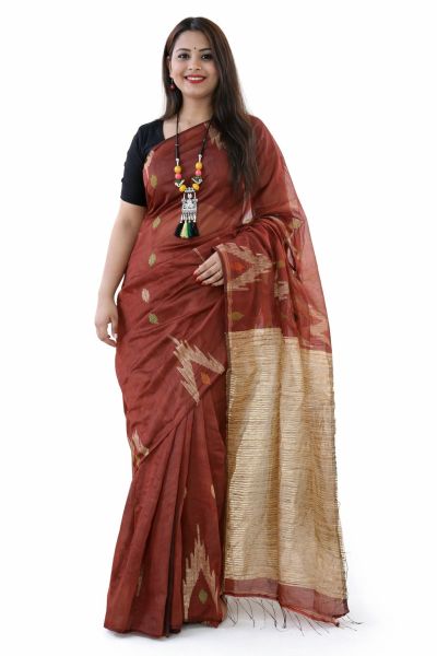 Maroon Ghicha Silk Cotton Pure Handloom Saree From Bengal