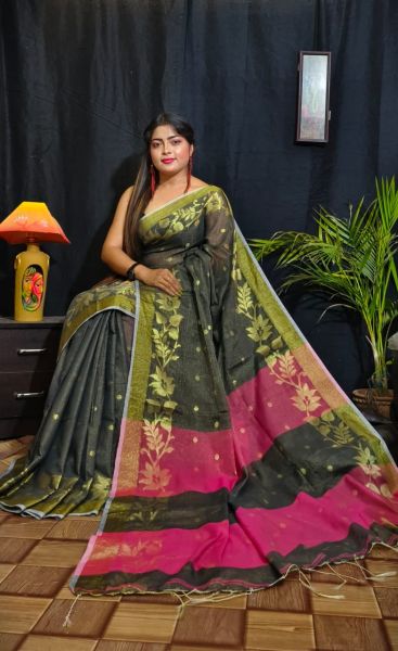 Black Pink Leaf Silk Cotton Saree From Bengal