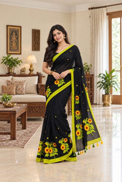Black Pure Handloom Cotton Saree From Bengal