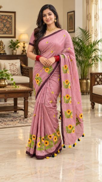 Dark Pink Pure Handloom Cotton Saree From Bengal