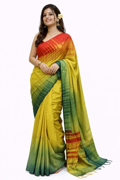 Green Ikkat Pure Handloom Silk Cotton Saree From Bengal