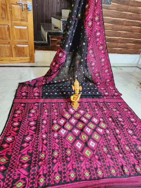 Black Pink Butta Pure Handloom Soft Dhakai Jamdani Saree