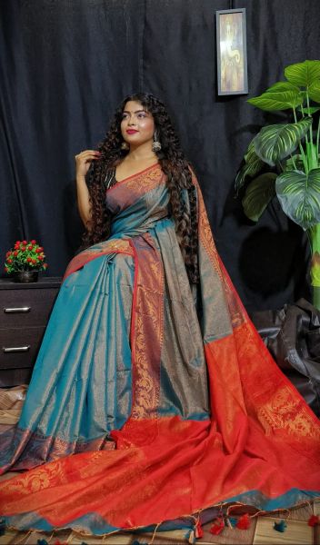 Sea Blue Pure Handloom Tissue Gadwal Plain Design Saree