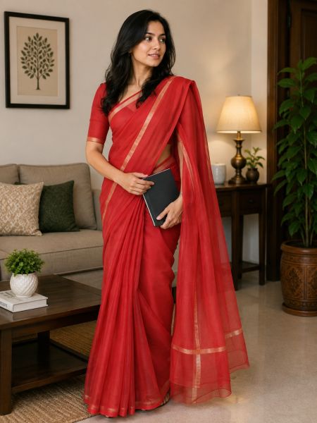 Red Pure Handloom Maslin Tussar Silk Saree From Bengal