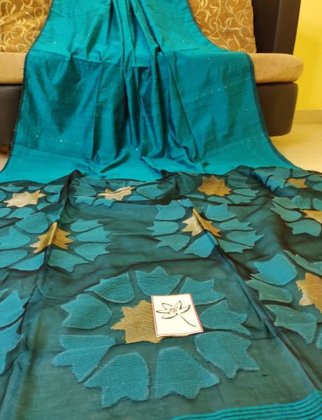 Aqua Green Cotton Silk Handloom Sequence Saree From Bengal