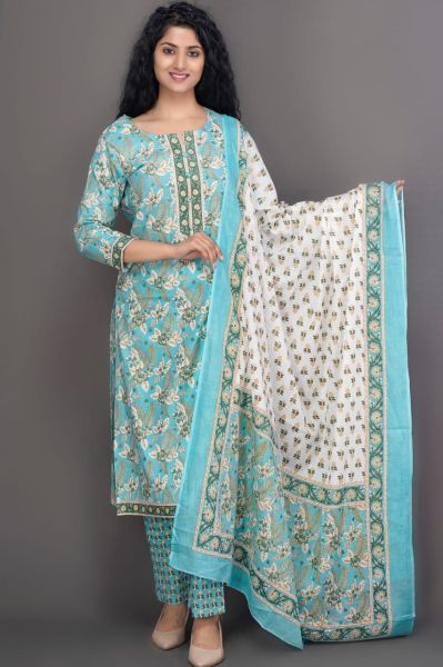 Sky Blue Hand Block Printed Cotton Kurti Pant And Mulmul Dupatta