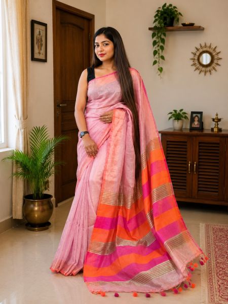 Bright Pink Multi Colored Stried Pallu Pure Handloom Tissue Cotton Saree From Bengal