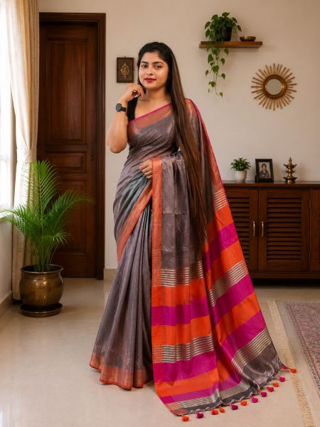 Charcoal Grey With Multi Colored Stried Pallu Pure Handloom Tissue Cotton Saree From Bengal