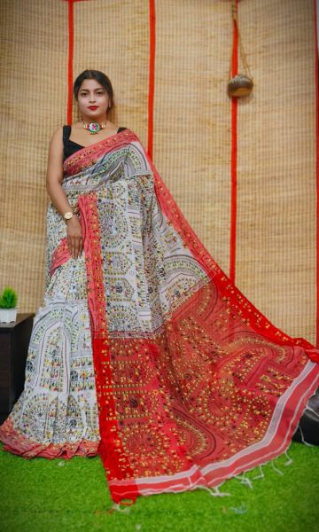 Ash Grey Pure Handloom Madhubani Cotton Silk Saree