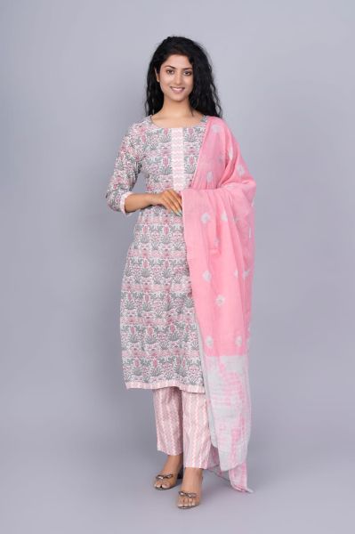Multicolor Hand Block Printed Cotton Kurti Pant And Mulmul Dupatta