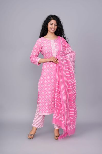 Pink White Hand Block Printed Cotton Kurti Pant And Mulmul Dupatta