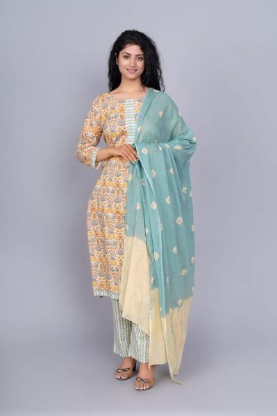 Multicolor Hand Block Printed Cotton Kurti Pant And Mulmul Dupatta