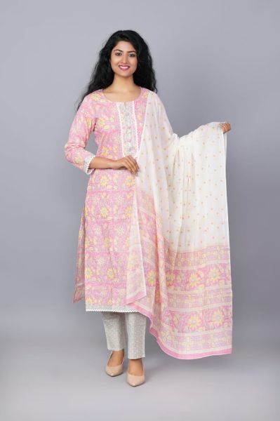 Pink White Hand Block Printed Cotton Kurti Pant And Mulmul Dupatta