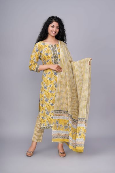 Yellow Hand Block Printed Cotton Kurti Pant And Mulmul Dupatta