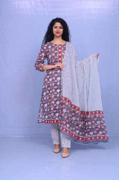 Multicolor Hand Block Printed Cotton Kurti Pant And Mulmul Dupatta
