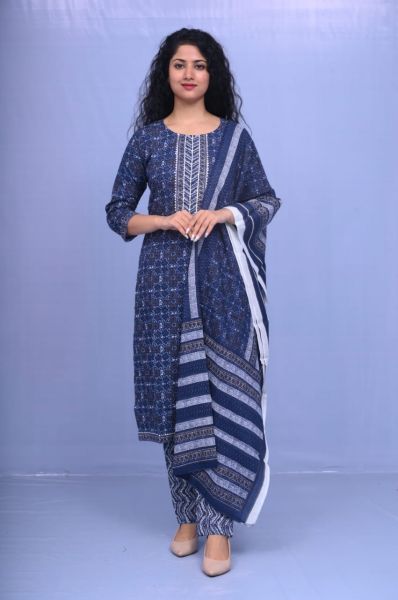Navy Blue Hand Block Printed Cotton Kurti Pant And Mulmul Dupatta