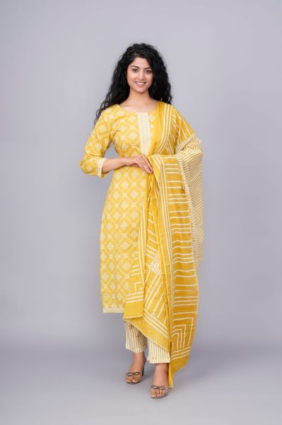 Yellow White Hand Block Printed Cotton Kurti Pant And Mulmul Dupatta
