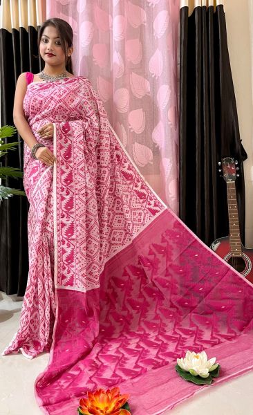 Baby Pink Rani Butta Printed Work Dhakai Jamdani Cotton Saree From Bengal