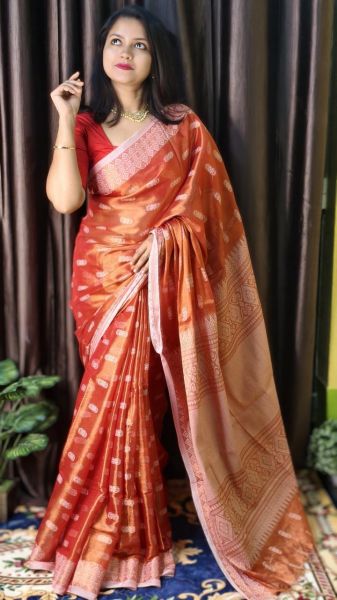 Orange Handloon Tissue Cotton Saree From Bengal