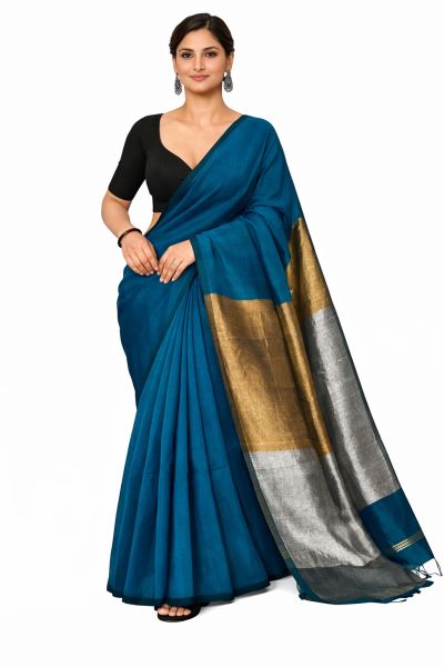 Blue Golden Silver Pure Handloom Cotton Saree From Bengal