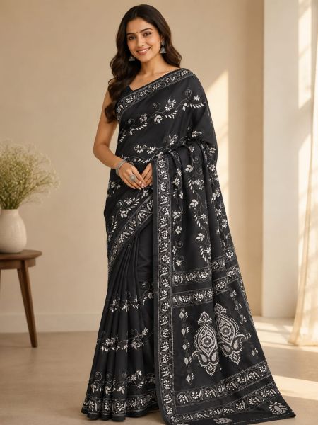 Black Pure Handloom Semi Silk Kanthastitch Saree From Bengal