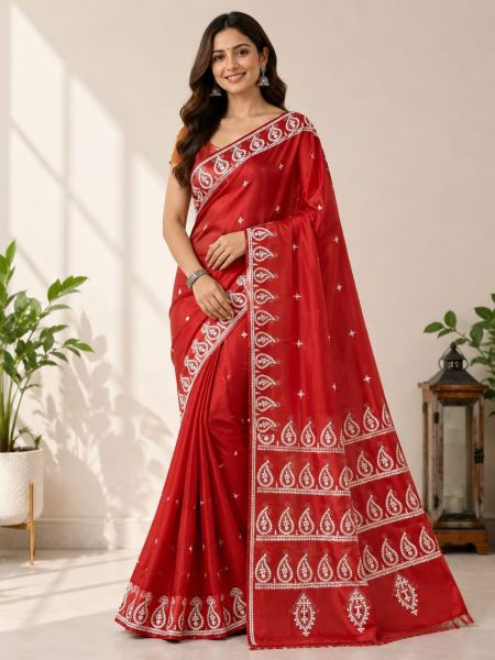 Red Pure Handloom Semi Silk Kanthastitch Saree From Bengal
