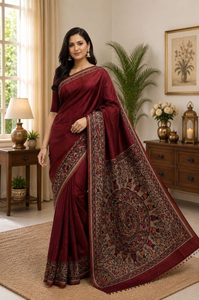 Brick Red Cultural Madhubani Pure Handloom Elegant Tassar Silk Saree