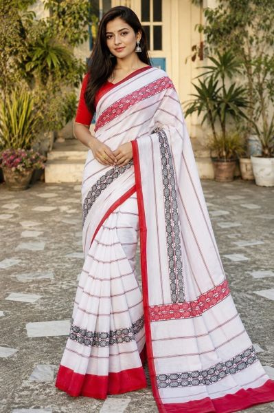 White Pure Handloom Dhakai Jamdani Saree From Bengal