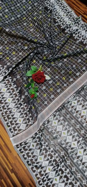 Black Checks Pure Handloom Soft Dhakai Jamdani Saree