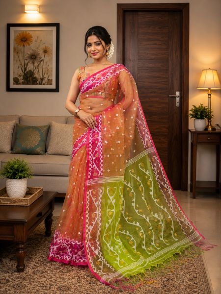 Orange Pure Handloom Resham Dhakai Jamdani Saree From Bengal