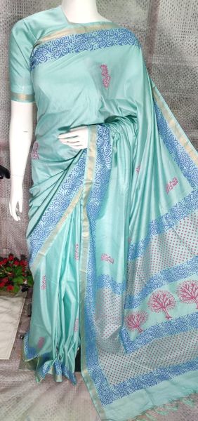 Aqua Blue Katan Silk Hand Block Print Saree From Bihar