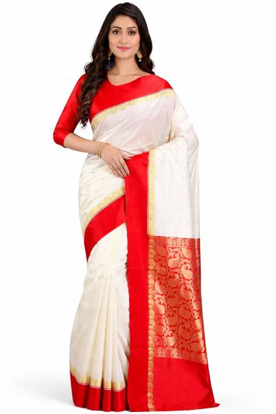 White Red Pure Handloom Garad Silk Saree From Bengal