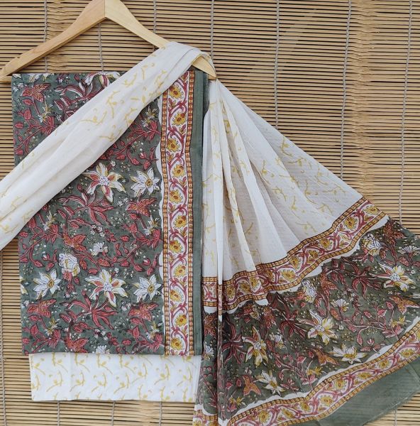 White Grey Hand Block Printed Cotton Suit And Pant And Dupatta